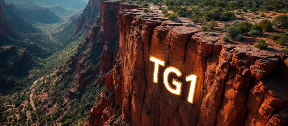 Techgen Metals Ltd-TG1-Rocky cliff with "TG1" glowing, overlooking a vast canyon landscape.