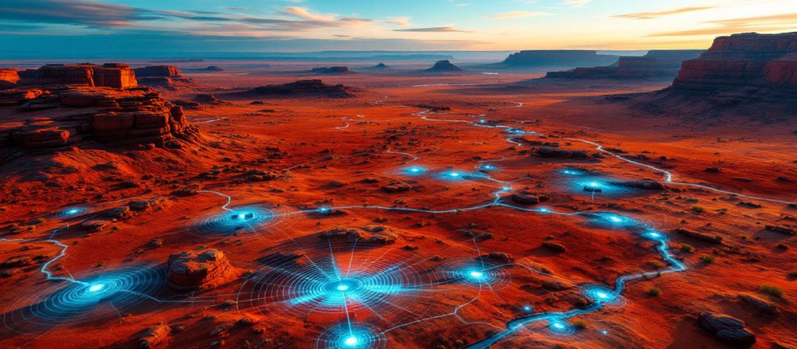 Techgen Metals Ltd-TG1-Desert landscape with glowing blue digital nodes and lines connecting them across the terrain.