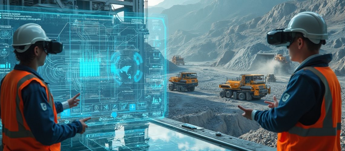 Workers using augmented reality to oversee mining operations in a rugged, mountainous terrain.