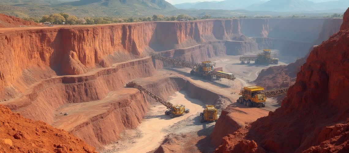 Massive open-pit mine with large machinery, surrounded by red dirt and distant mountains.