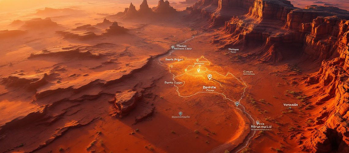 Terra Metals Ltd-TM1-Aerial view of desert landscape with highlighted area and labeled points in bright orange light.