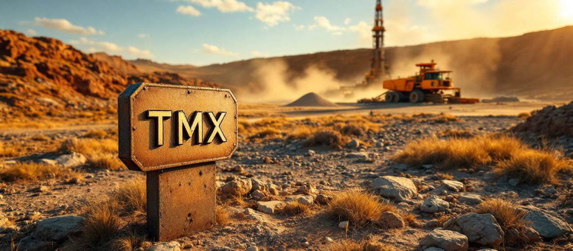 Terrain Minerals Ltd-TMX-Rusty sign with "TMX" in a desert landscape, construction equipment in the background.