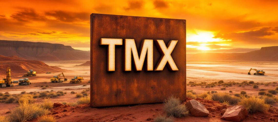 Terrain Minerals Ltd-TMX-Rusty TMX sign in a desert landscape with construction vehicles at sunset.