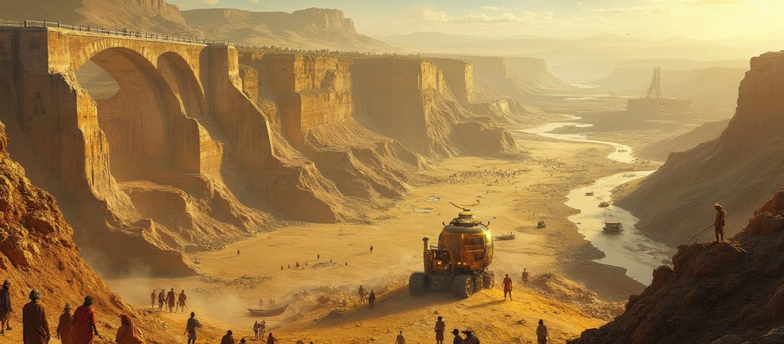 A futuristic vehicle and people in a vast, sunlit canyon with a river and ancient bridge.