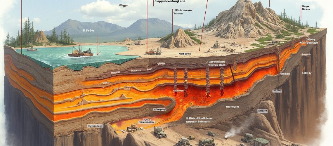 A cutaway diagram of Earth's layers, showing geological formations and volcanic features.