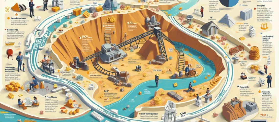 Illustrated infographic of the mining royalty ecosystem with various operations and statistics.