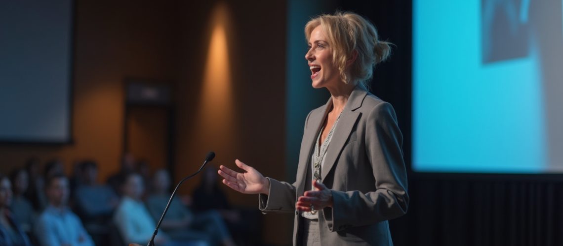 Woman speaking passionately at a podium during a presentation, audience blurred in the background.