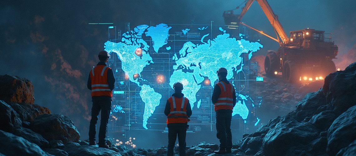 Three workers in vests observe a digital world map in an industrial setting at night.