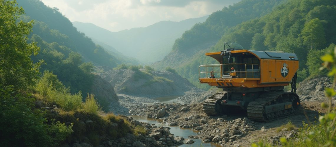 Orange construction vehicle in a rocky, green valley under a partly cloudy sky.