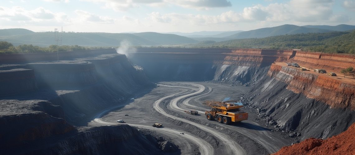 Mining site with large dump trucks.