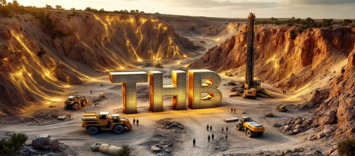 Thunderbird Resources Ltd-THB-Giant golden "THB" letters in a rocky quarry, surrounded by construction vehicles and workers.