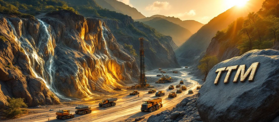 Titan Minerals Ltd-TTM-Construction site in a canyon at sunset, with trucks and "TTM" on a rock.