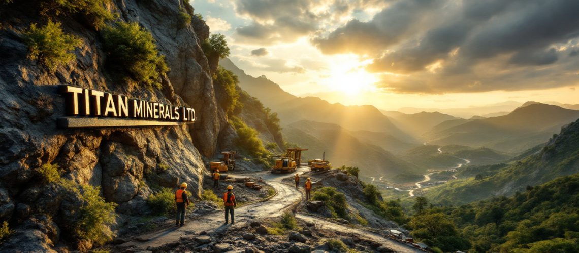 Titan Minerals Ltd-TTM-Mining site on a mountain road at sunset, workers and machinery visible, "TITAN MINERALS LTD" sign.