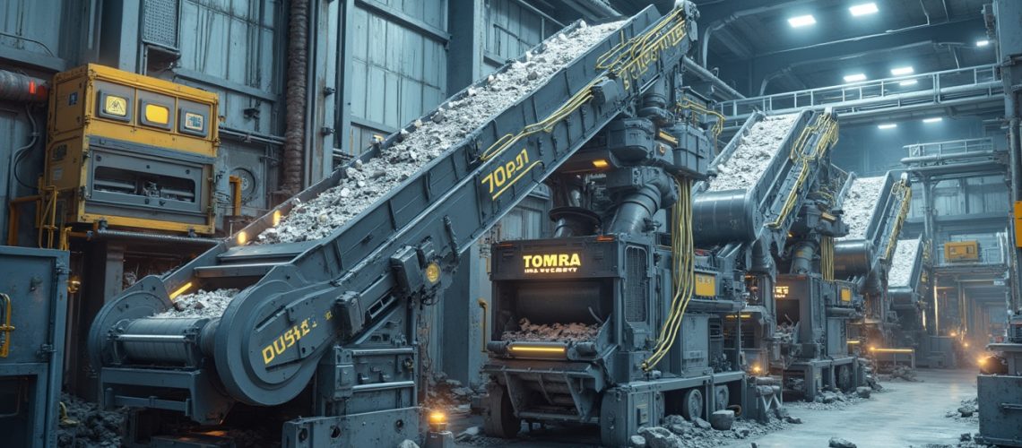 Industrial conveyor belts sorting rocks in a spacious factory setting.