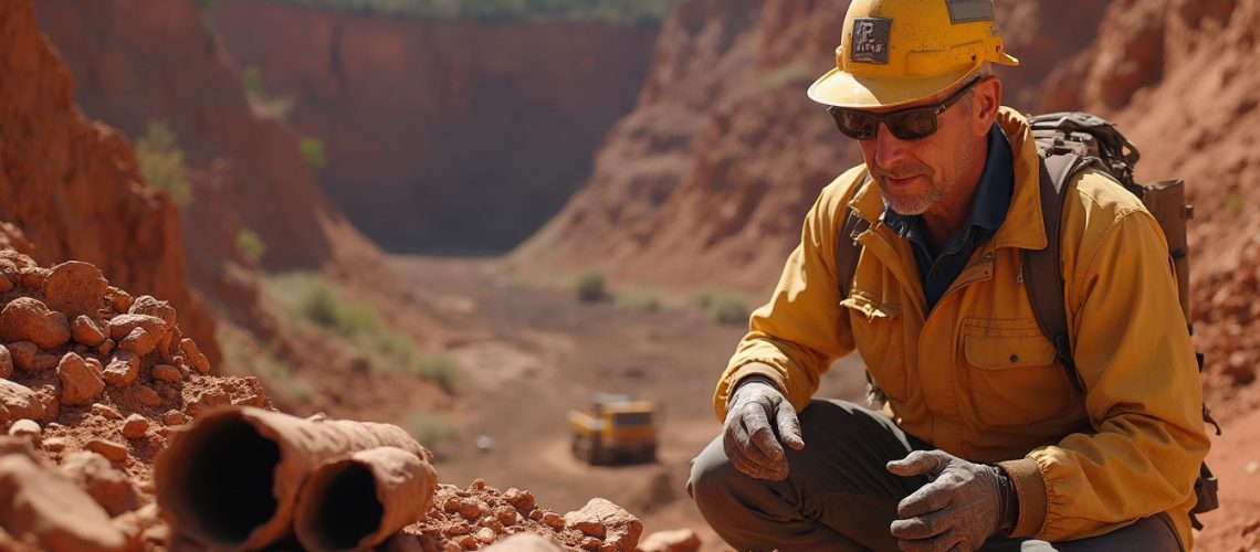 Miner inspecting copper pipes in quarry.