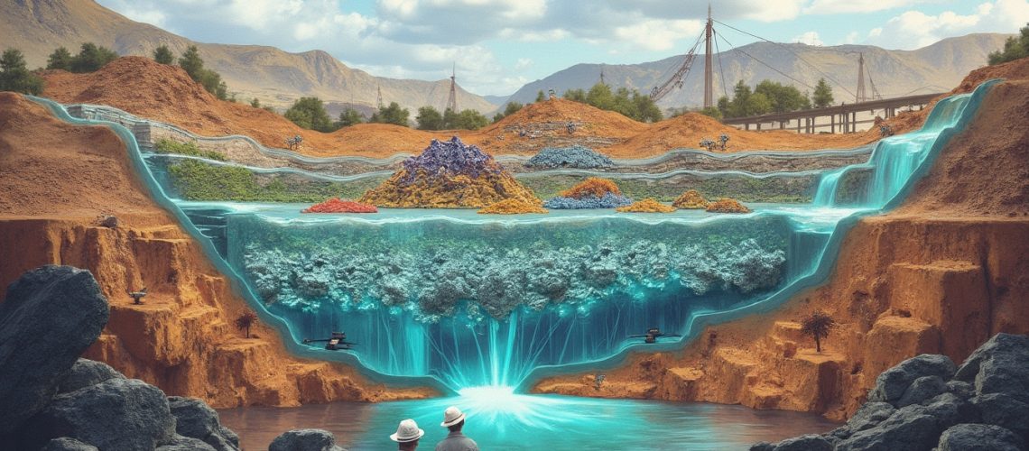 2 people gaze at a fantastical landscape with glowing water and vibrant geological layers.