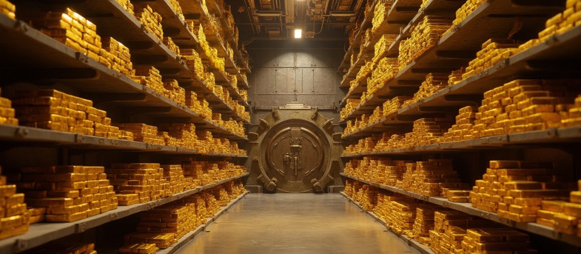 A dimly lit gold vault with stacked gold bars and a large circular vault door at the end.