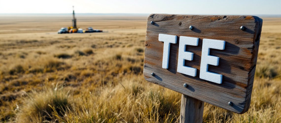 Top End Energy Ltd-TEE-Wooden sign reading "TEE" in a dry grassland, with vehicles in the background.