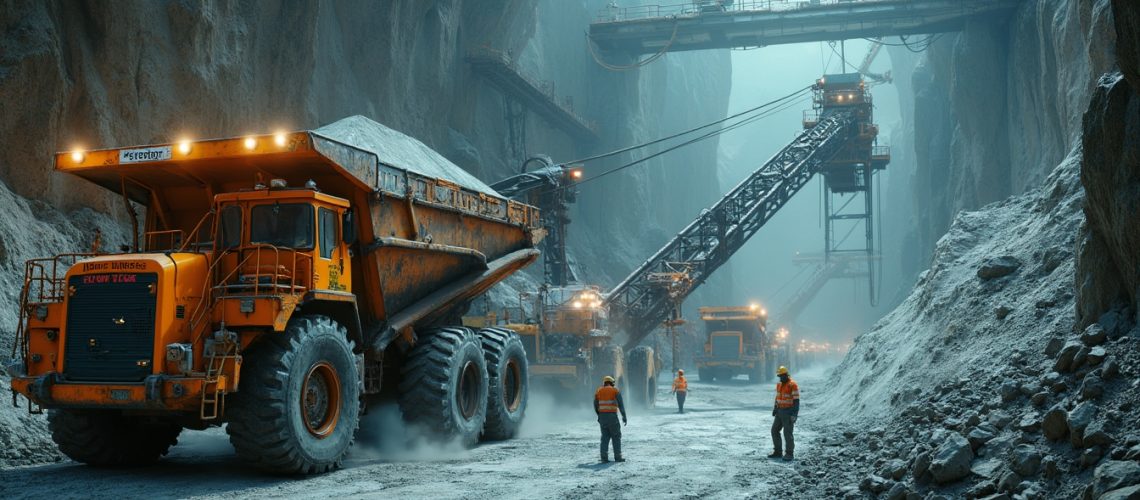 Huge trucks and machinery operate in a rocky mining site, with workers in orange safety vests.