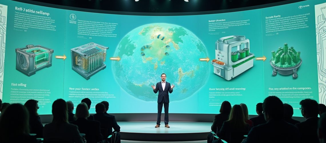 Man presenting futuristic technology on stage with infographic in the background.