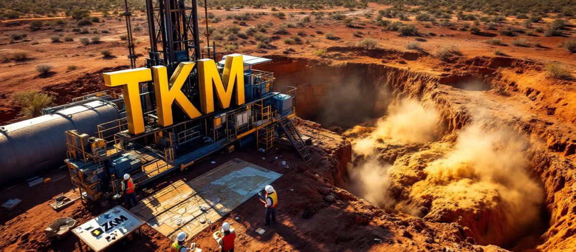 Trek Metals Ltd Chess Depositary Interests 1:1-TKM-Mining site in desert with "TKM" on equipment, workers in safety vests, and dust from excavation.