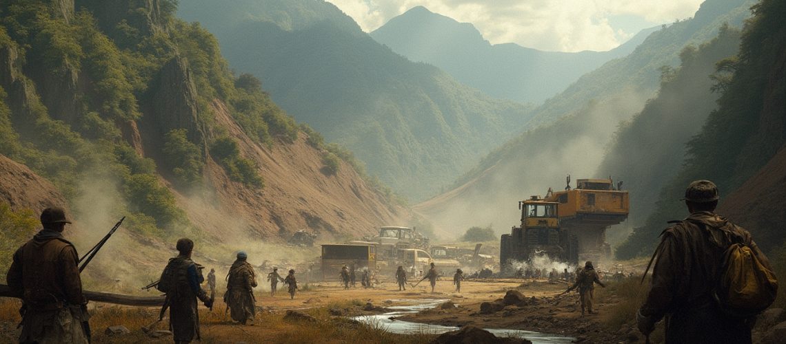 People and machinery in a misty valley with towering green hills and cloudy skies.