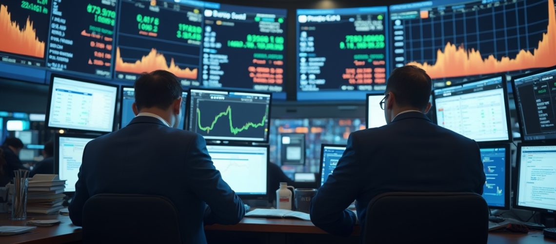 Two men at a stock trading desk, surrounded by multiple monitors displaying financial data and charts.