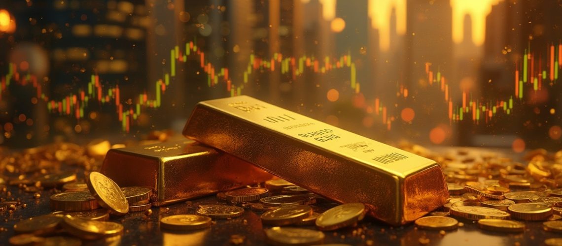 Gold bars and coins on a reflective surface, with a stock chart and cityscape in the background.