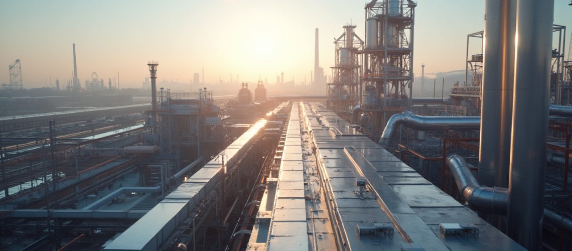 Aluminum factory at sunrise, industrial landscape.