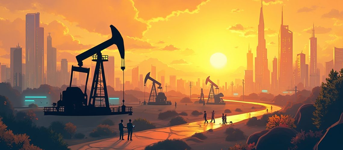 Silhouetted oil pumps against a vibrant city skyline at sunset, with people in the foreground.