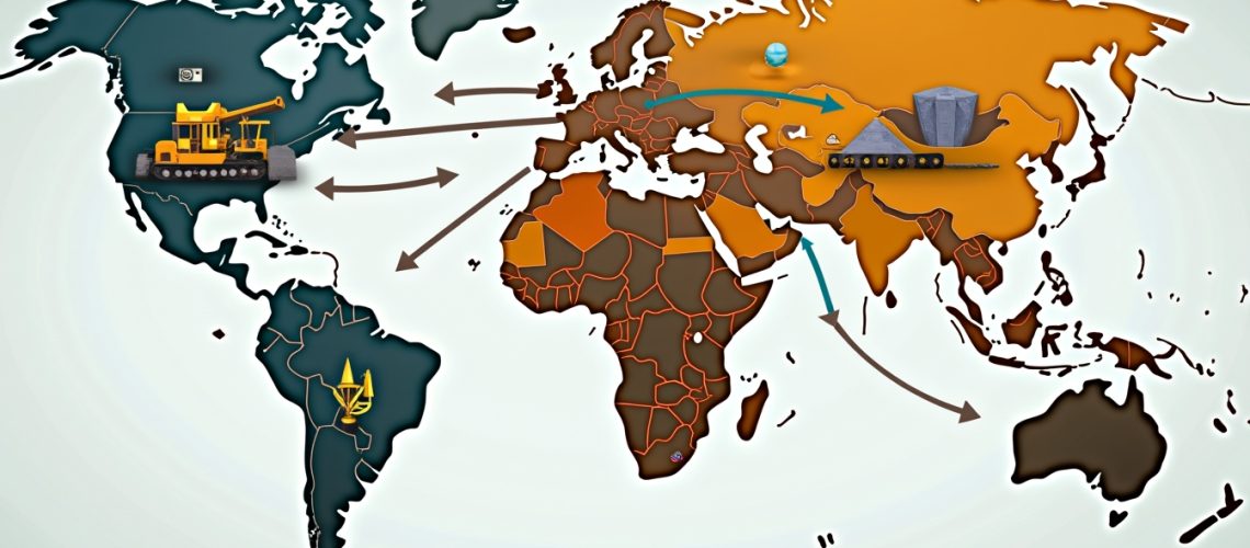 World map illustrating global trade flows with arrows and industrial icons.