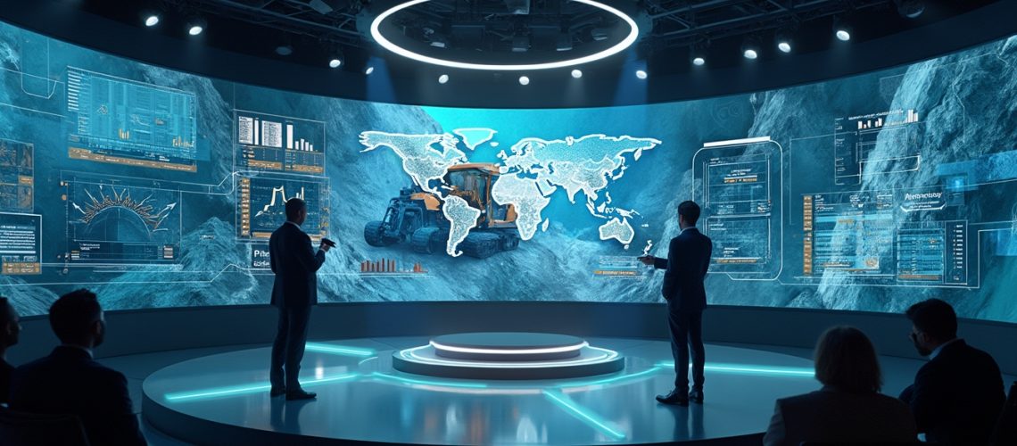 Futuristic presentation with two people, digital world map, and interactive data displays.