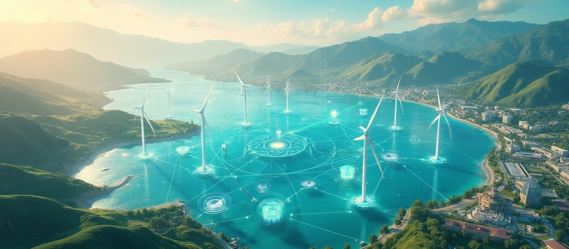 Wind turbines over digital network illustration.