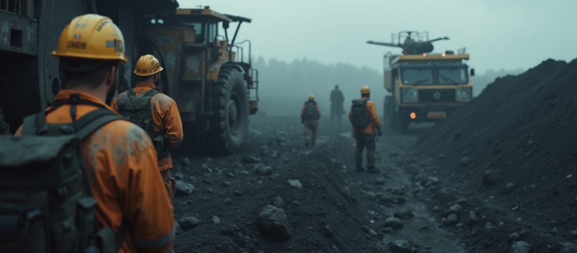 Workers in hard hats walk near heavy machinery at a foggy construction site.