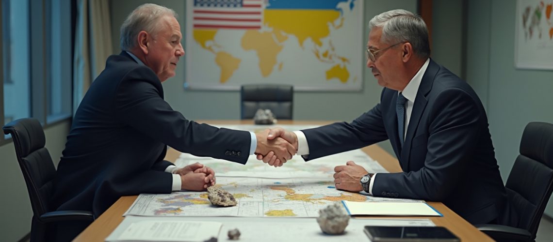 Two men in suits shaking hands across a table with maps and flags of the USA and Ukraine behind.