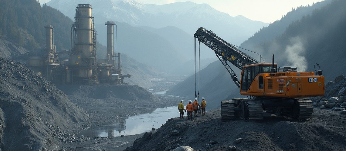 Construction crew and excavator by an industrial plant in a mountainous, misty landscape.