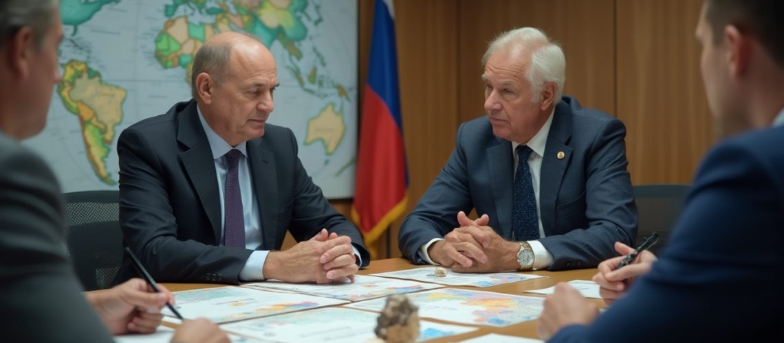 Men in suits having a meeting at a table with maps, Russian flag and world map in the background.