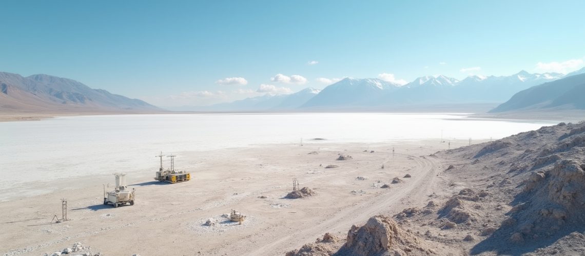 Desert landscape with lithium exploration equipment.