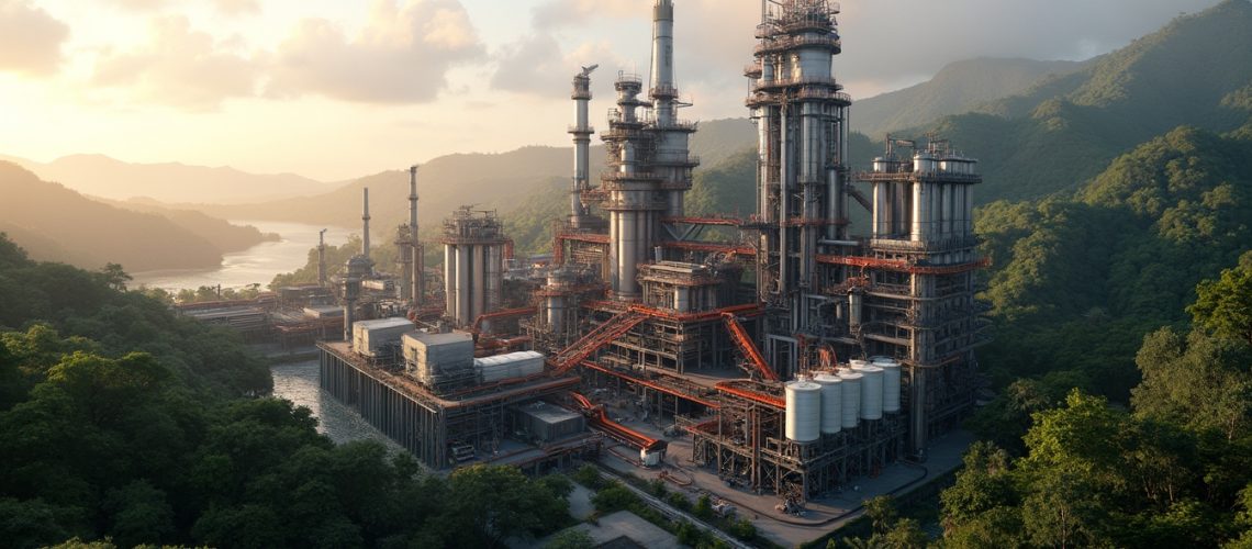 Nickel plant in lush Indonesian landscape.