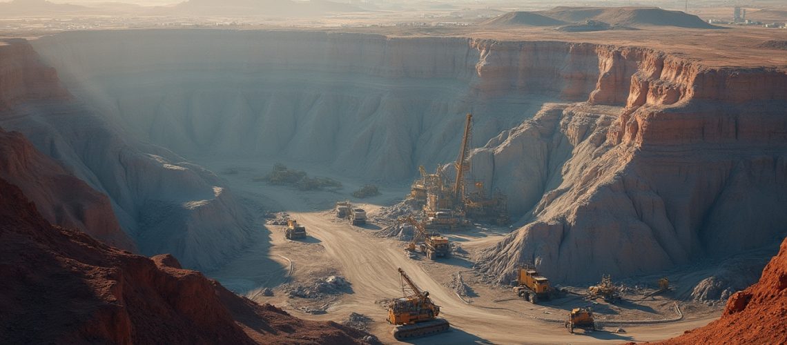 Mining landscape with heavy machinery operations.