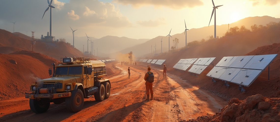 Solar panels and wind turbines, Africa.