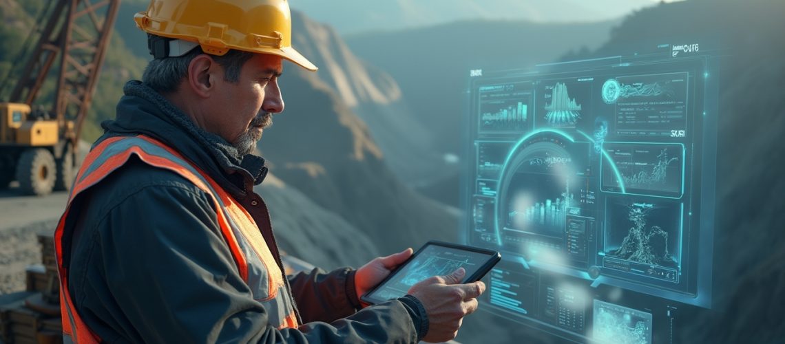 Engineer analyzing mining data on-site.