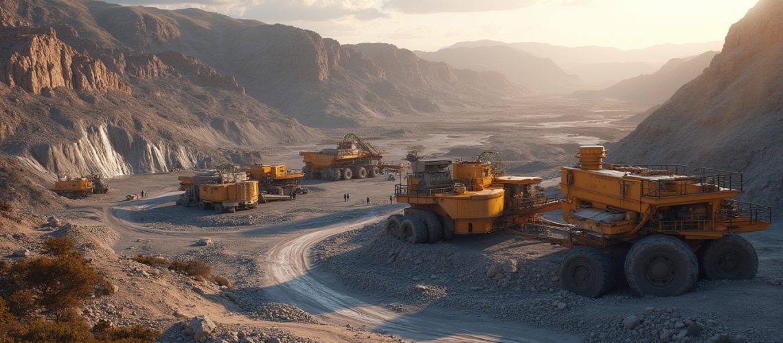 Mountainous landscape with mining machinery.