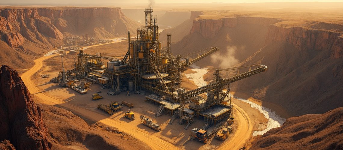 Mining facility in expansive desert landscape.