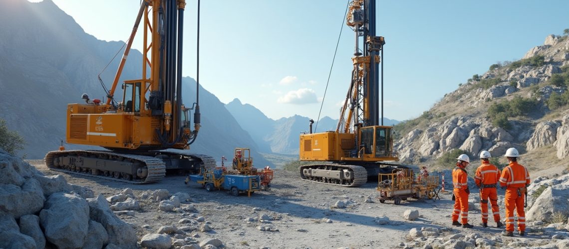 Twin drilling rigs in mountainous terrain.