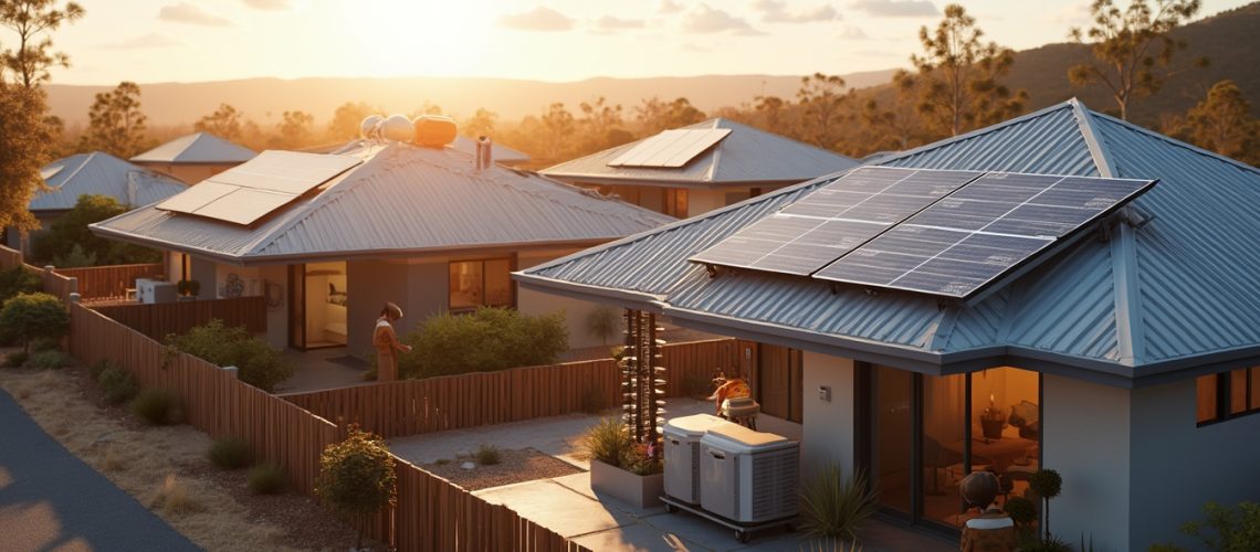 Solar-powered homes under sunset glow.