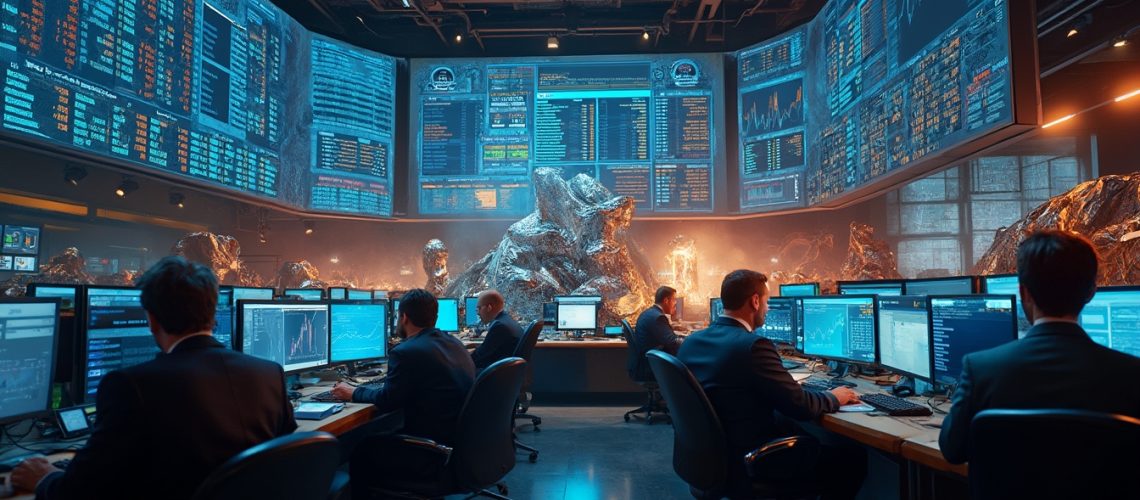 Trading room with multiple screens and people analyzing stock market data.