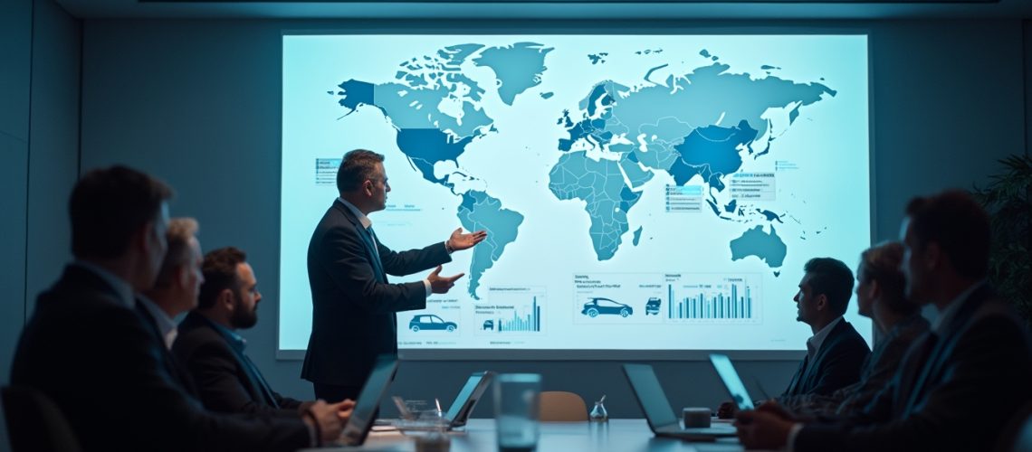 Business meeting with a world map presentation in a dimly lit conference room.