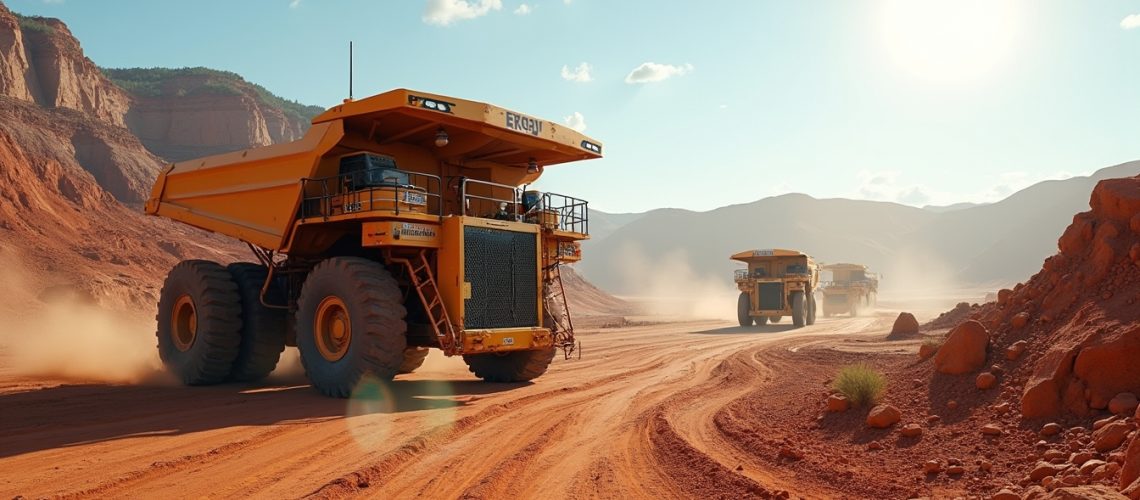 Mining trucks in desert landscape.