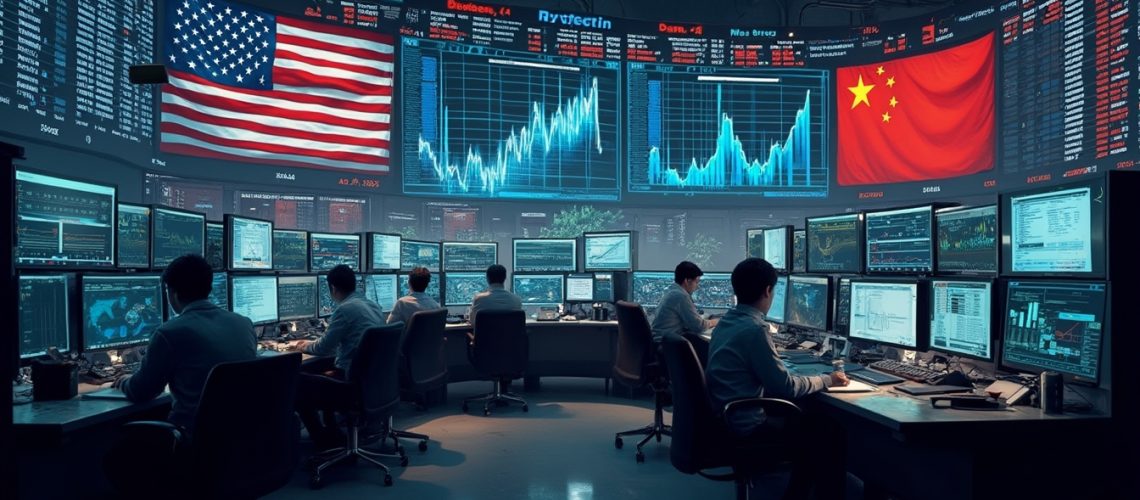 Stock trading room amid tariff tensions.